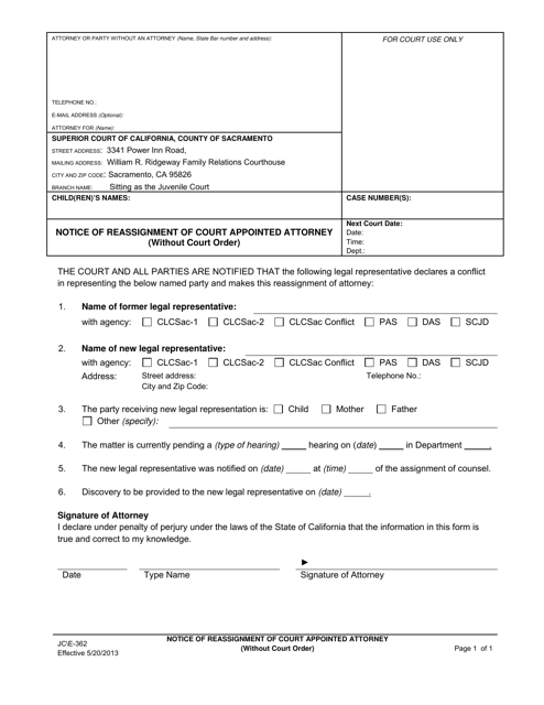 Form JC E-362 Notice of Reassignment of Court Appointed Attorney (Without Court Order) - County of Sacramento, California