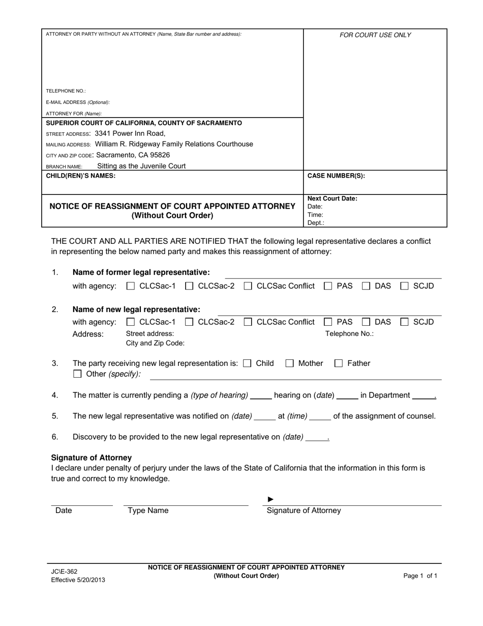 Form JC E-362 Notice of Reassignment of Court Appointed Attorney (Without Court Order) - County of Sacramento, California, Page 1