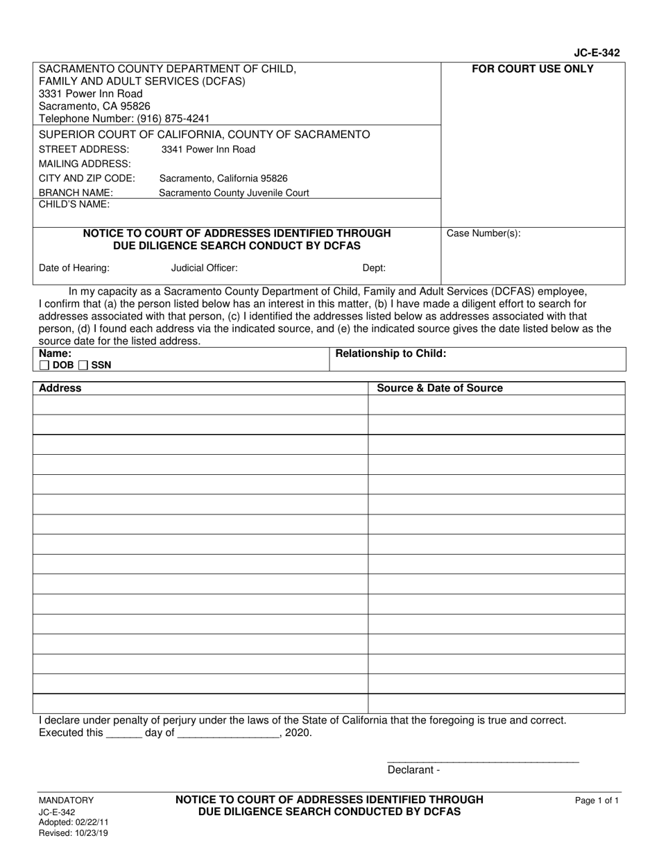 Form JC-E-342 Notice to Court of Addresses Identified Through Due Diligence Search Conduct by Dcfas - County of Sacramento, California, Page 1