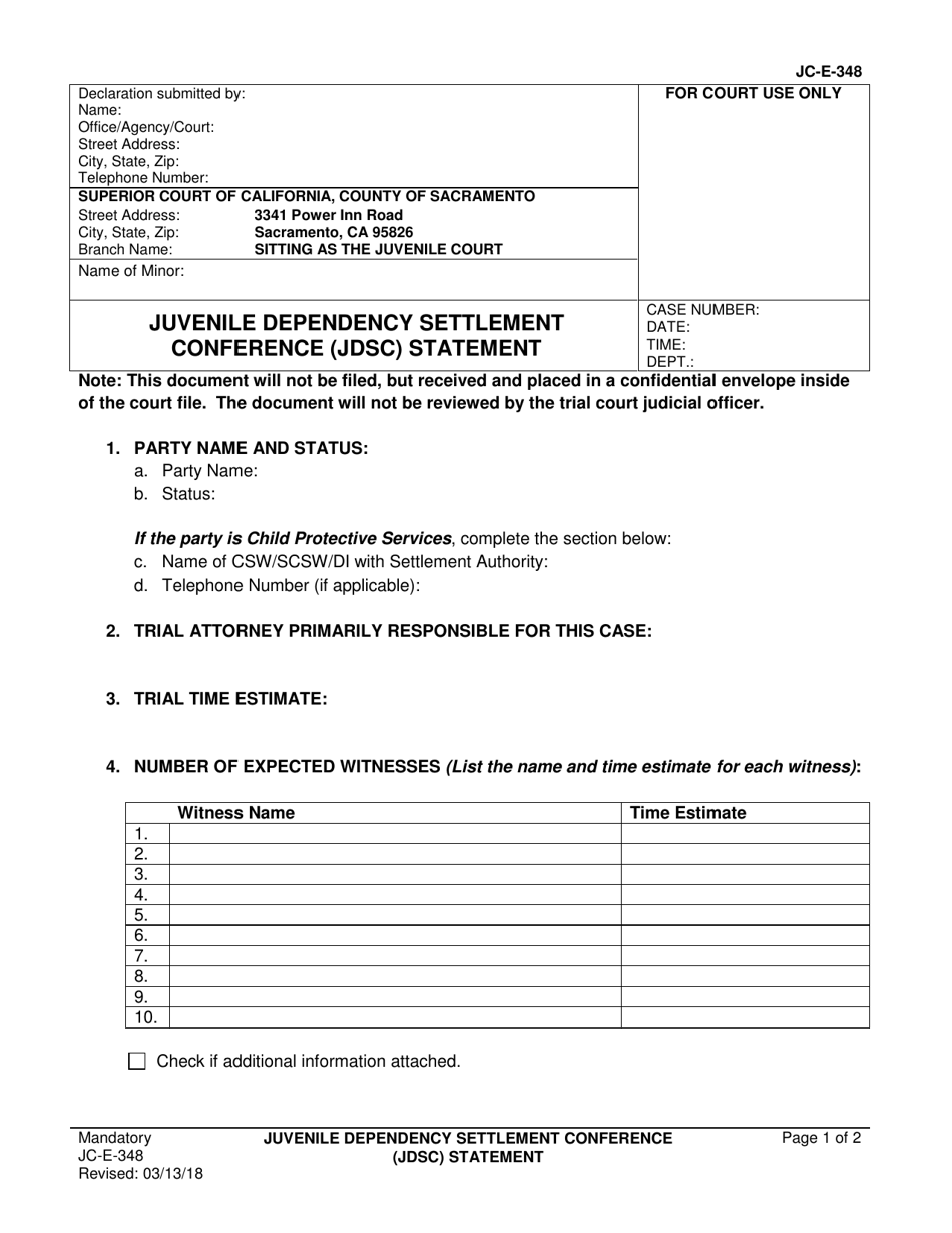 Form JC-E-348 Juvenile Dependency Settlement Conference (Jdsc) Statement - County of Sacramento, California, Page 1