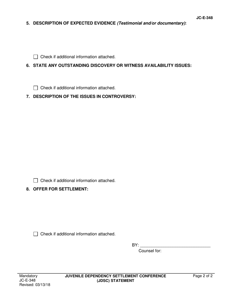 Form JC-E-348 Juvenile Dependency Settlement Conference (Jdsc) Statement - County of Sacramento, California, Page 2