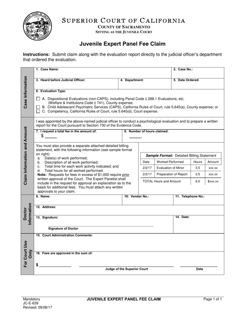 Form JC-E-639 Juvenile Expert Panel Fee Claim - County of Sacramento, California