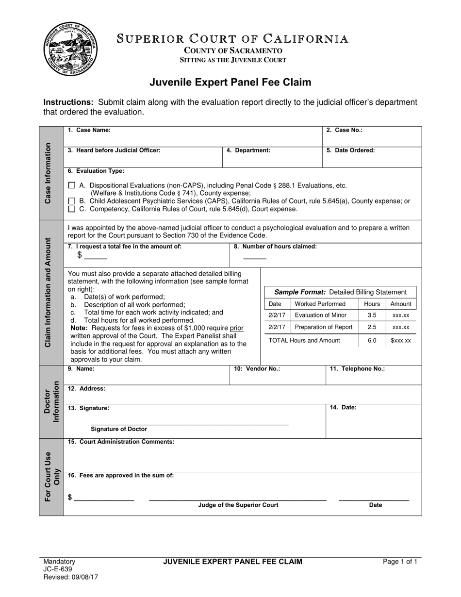 Form JC-E-639 Juvenile Expert Panel Fee Claim - County of Sacramento, California, Page 1