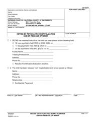 Form JC-E-311 &quot;Notice of Psychiatric Hospitalization and/or Release of Minor&quot; - County of Sacramento, California