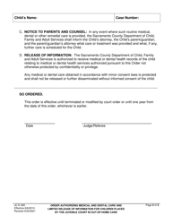 Form JC-E-365 Order Authorizing Medical and Dental Care and Limited Release of Information for Children Placed by the Juvenile Court in out-Of-Home Care - County of Sacramento, California, Page 2