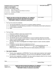 Document preview: Form JC-E-313 Order on Application for Approval of a Minor's Request for Voluntary Inpatient Psychiatric Treatment - County of Sacramento, California