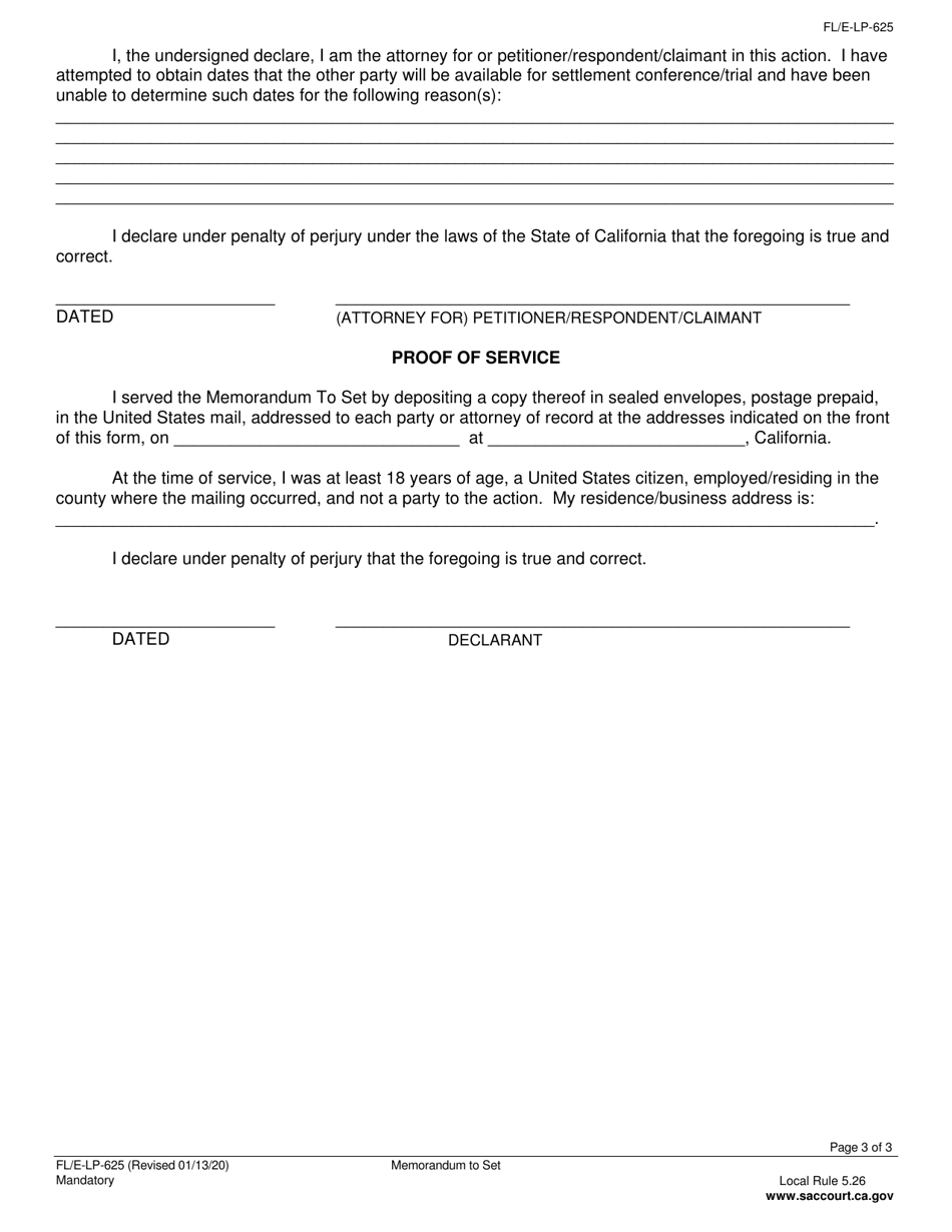 Form FL / E-LP-625 Memorandum to Set (Family Law) - County of Sacramento, California, Page 3