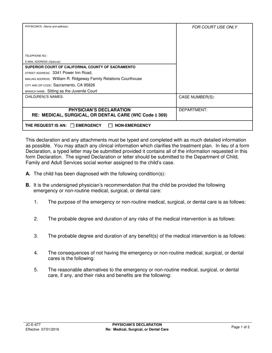Form JC-E-677 Physician's Declaration Re: Medical, Surgical, or Dental Care - County of Sacramento, California, Page 1