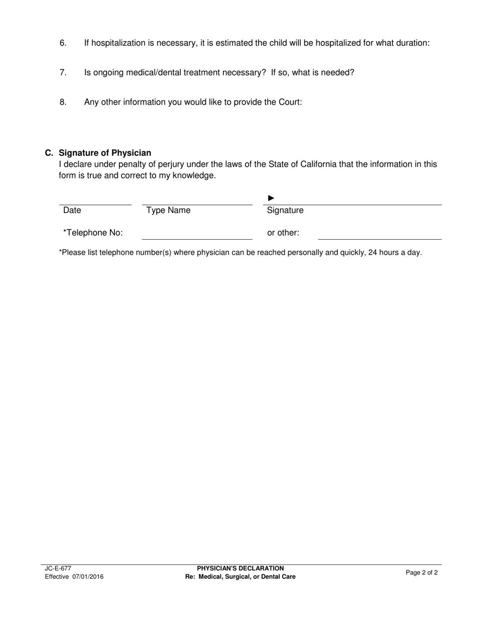 Form JC-E-677 Physicians Declaration Re: Medical, Surgical, or Dental Care - County of Sacramento, California, Page 2