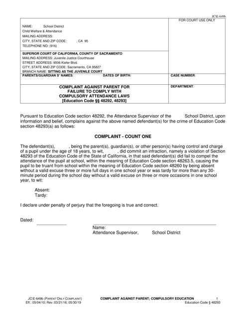 Form JC E-649B Complaint Against Parent for Failure to Comply With Compulsory Attendance Laws - County of Sacramento, California