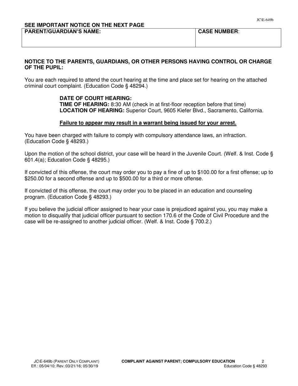Form JC E-649B Complaint Against Parent for Failure to Comply With Compulsory Attendance Laws - County of Sacramento, California, Page 2