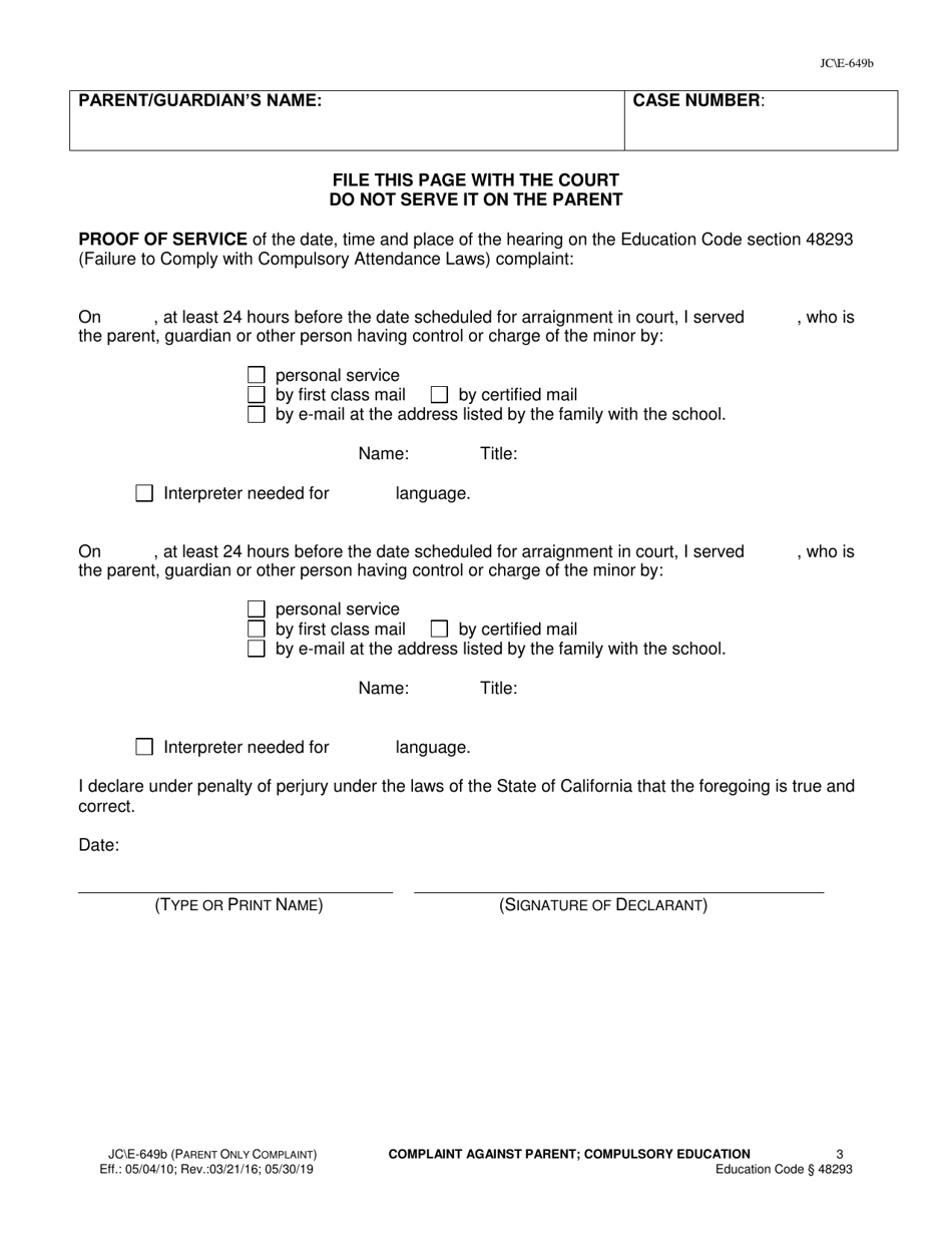 Form JC E-649B Complaint Against Parent for Failure to Comply With Compulsory Attendance Laws - County of Sacramento, California, Page 3