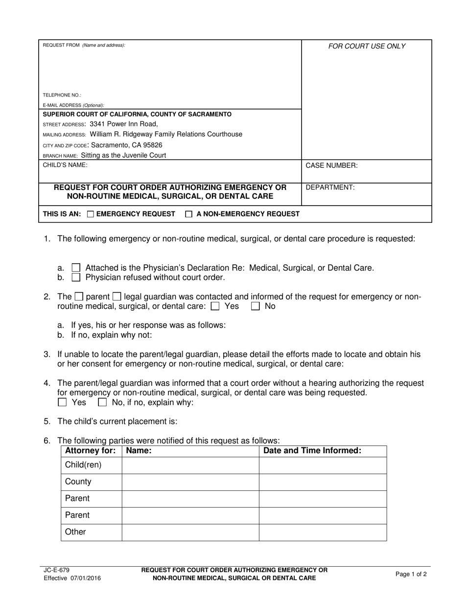 Form JC-E-679 Request for Court Order Authorizing Emergency or Non-routine Medical, Surgical, or Dental Care - County of Sacramento, California, Page 1