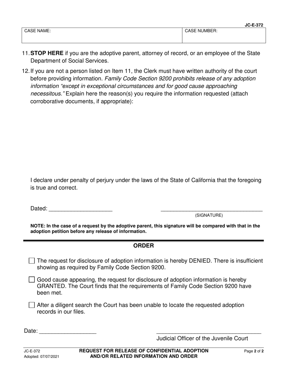 Form JC-E-372 Request for Release of Confidential Adoption and / or Related Information and Order - County of Sacramento, California, Page 3