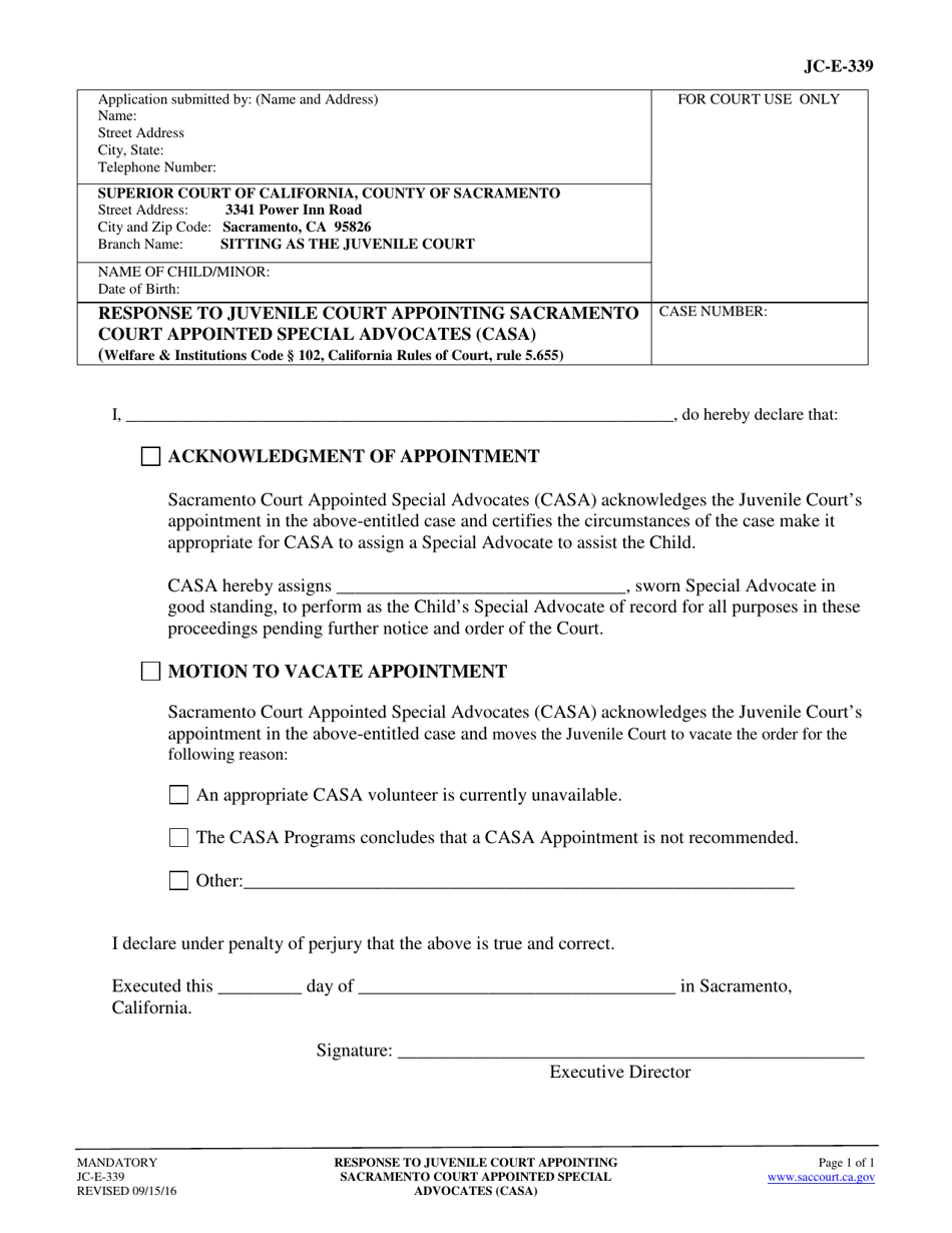 Form JC-E-339 Response to Juvenile Court Appointing Sacramento Court Appointed Special Advocates (Casa) - County of Sacramento, California, Page 1