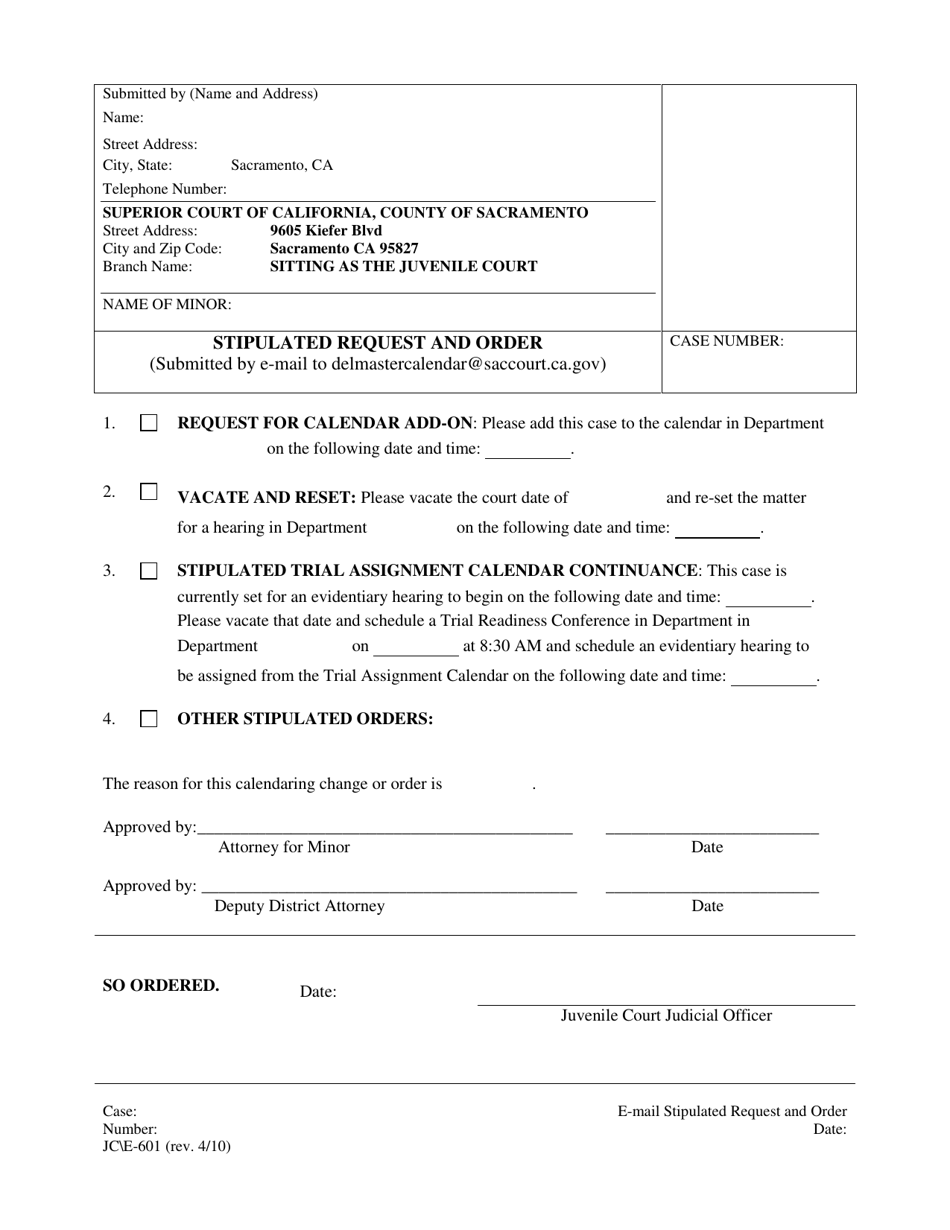 Form JC E-601 Stipulated Request and Order - County of Sacramento, California, Page 1