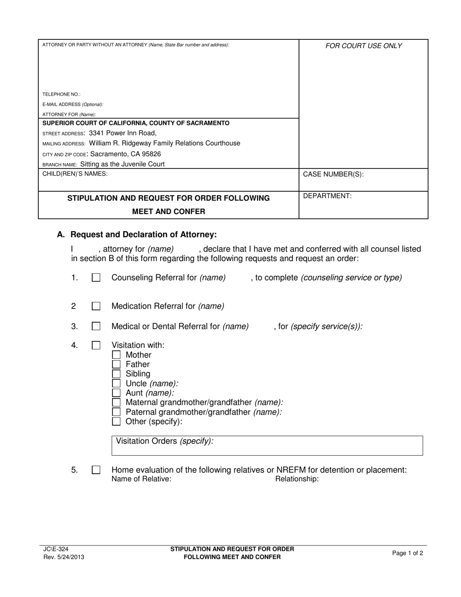 Form JC E-324 Stipulation and Request for Order Following Meet and Confer - County of Sacramento, California, Page 1