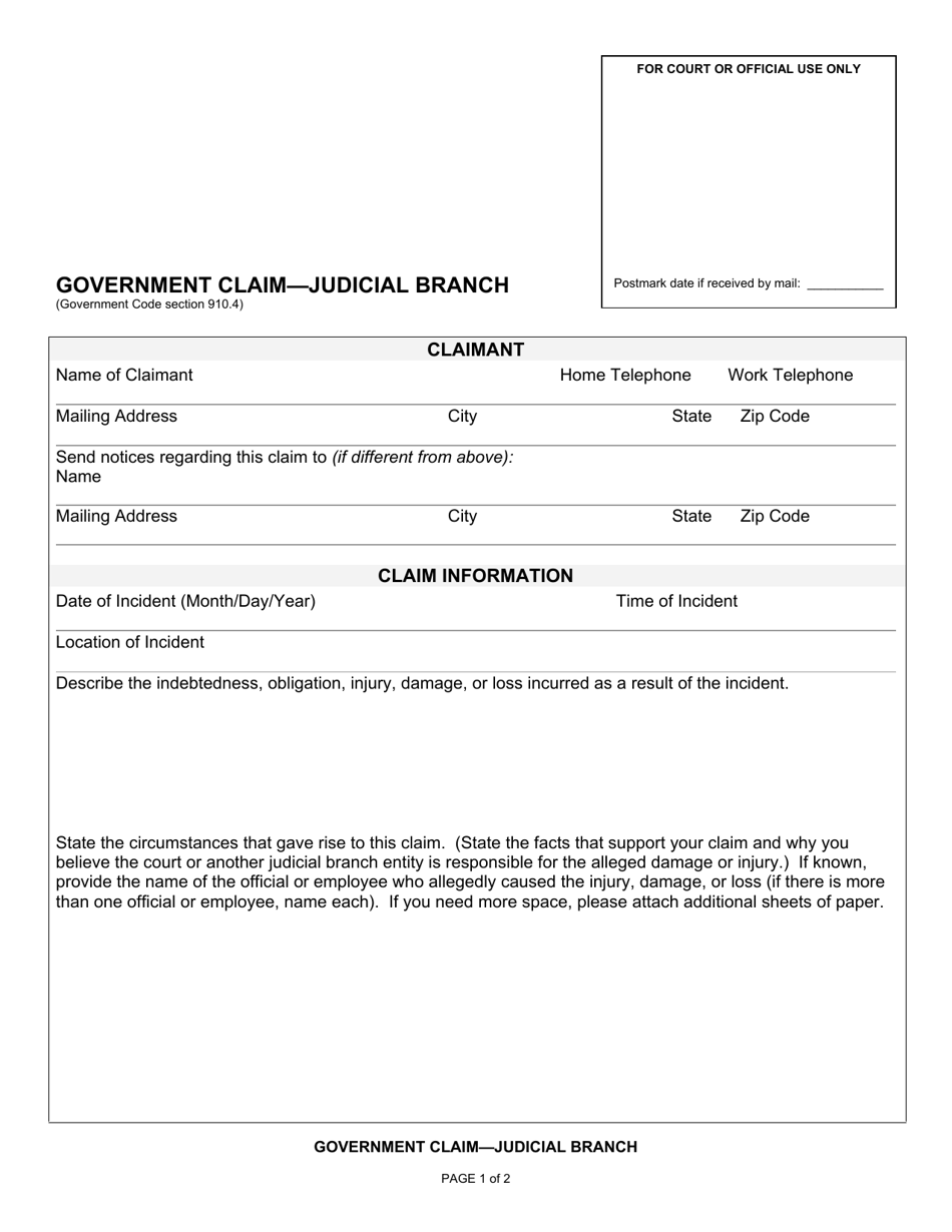 Government Claim - Judicial Branch - County of Sacramento, California, Page 1