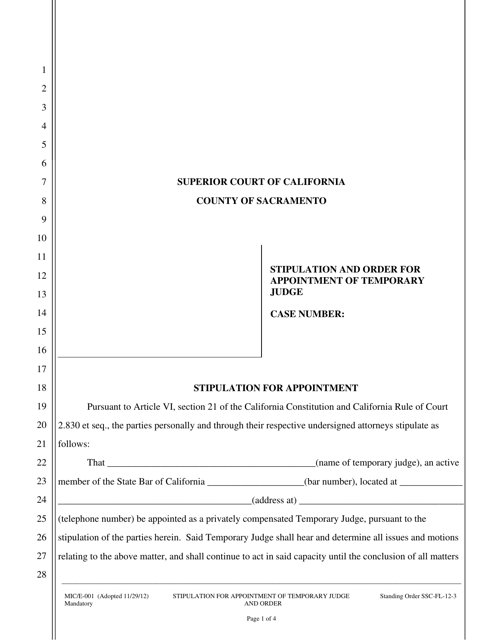 Form MIC/E-001 Stipulation and Order for Appointment of Temporary Judge - County of Sacramento, California