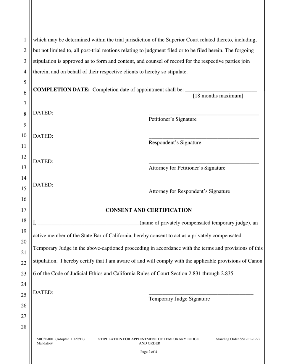 Form MIC / E-001 Stipulation and Order for Appointment of Temporary Judge - County of Sacramento, California, Page 2