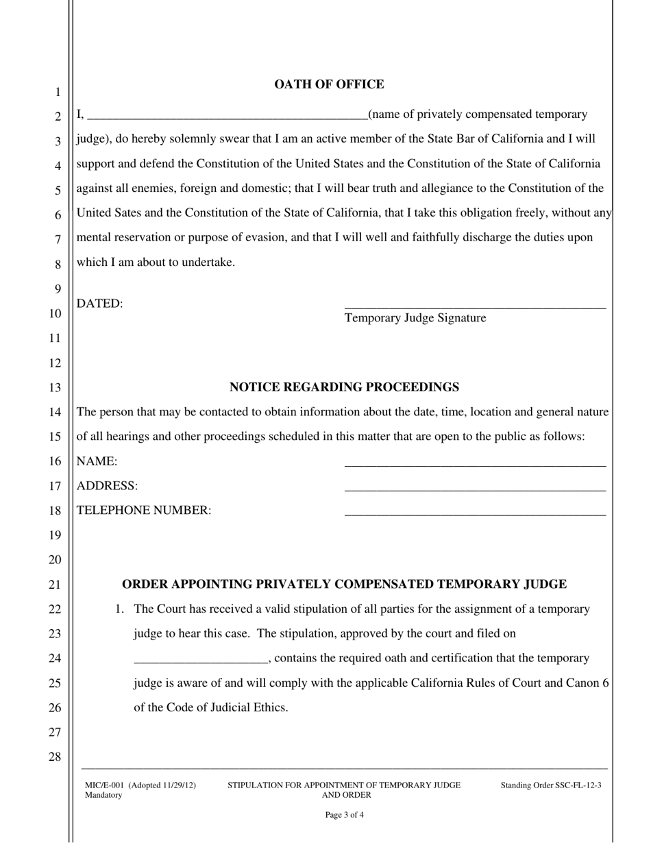 Form MIC / E-001 Stipulation and Order for Appointment of Temporary Judge - County of Sacramento, California, Page 3