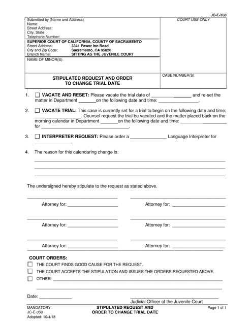 Form JC E-358 Stipulated Request and Order to Change Trial Date - County of Sacramento, California