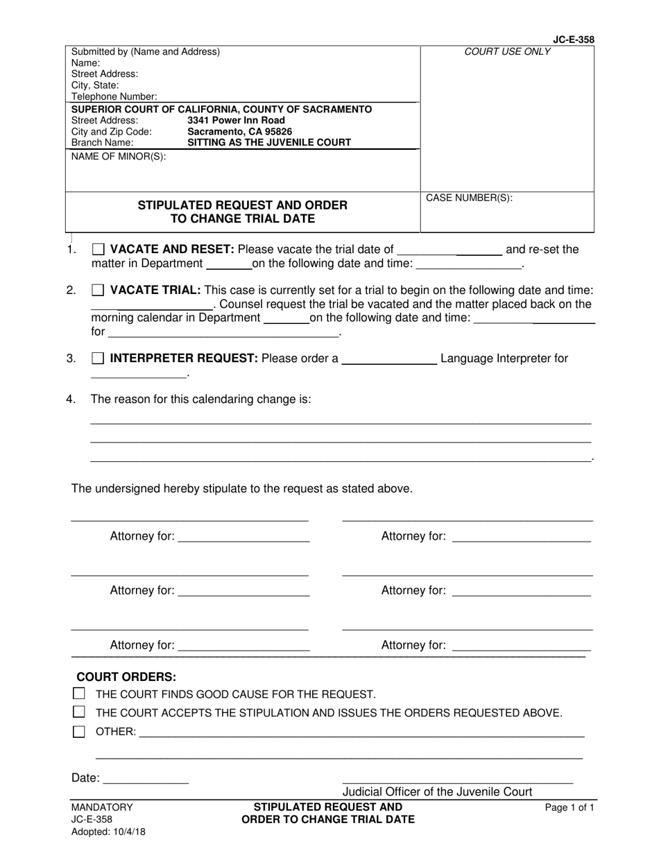 Form JC E-358 Stipulated Request and Order to Change Trial Date - County of Sacramento, California, Page 1