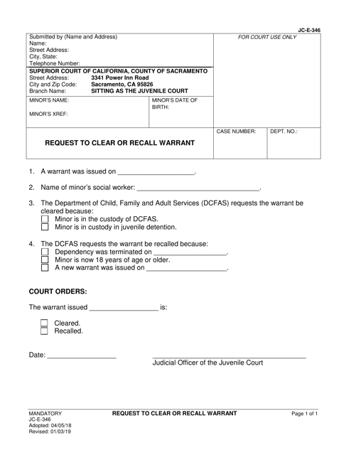 Form JC-E-346 Request to Clear or Recall Warrant - County of Sacramento, California