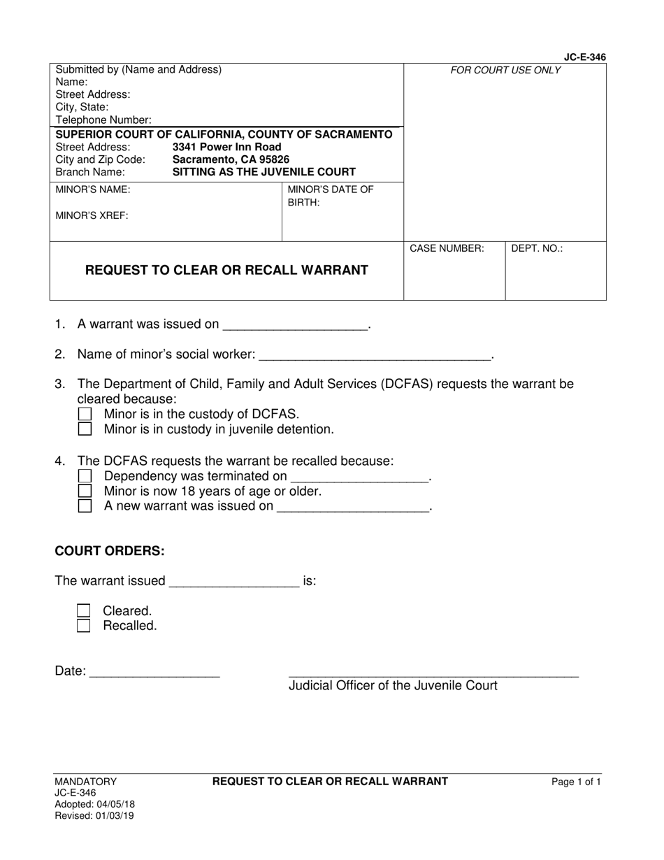 Form JC-E-346 Request to Clear or Recall Warrant - County of Sacramento, California, Page 1