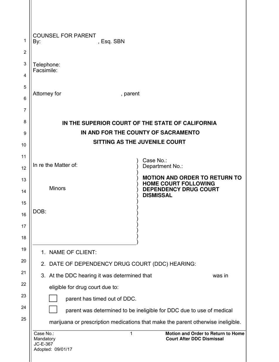 Form JC-E-367 Motion and Order to Return to Home Court Following Dependency Drug Court Dismissal - County of Sacramento, California, Page 1