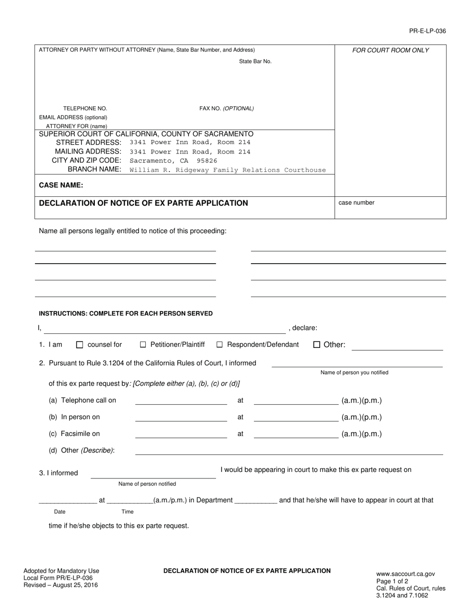 Form PR-E-LP-036 Declaration of Notice of Ex Parte Application - County of Sacramento, California, Page 1