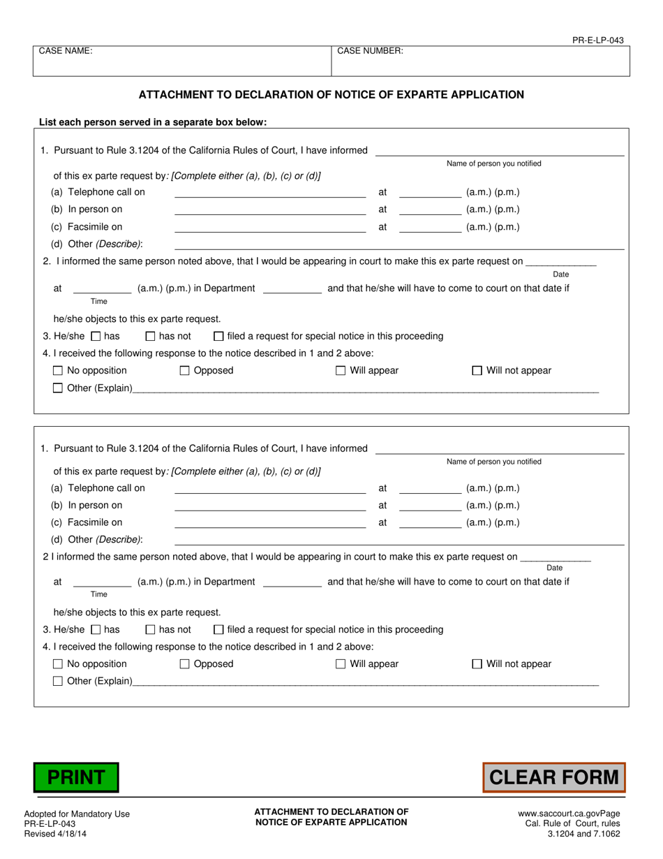 Form PR-E-LP-043 Attachment to Declaration of Notice of Exparte Application - County of Sacramento, California, Page 1
