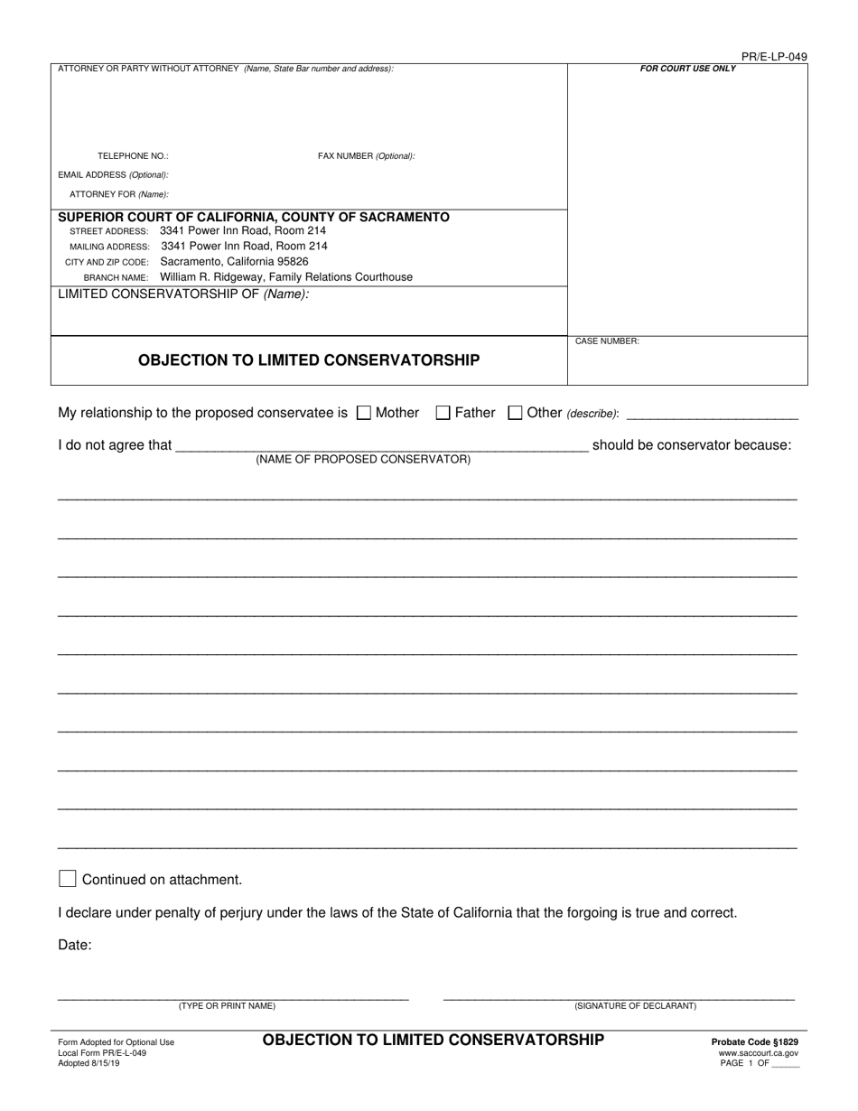 Form PR-E-LP-049 Objection to Limited Conservatorship - County of Sacramento, California, Page 1