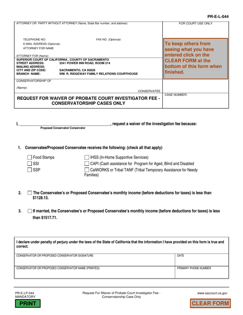 Form PR-E-LP-044 Request for Waiver of Probate Court Investigator Fee - Conservatorship Cases Only - County of Sacramento, California