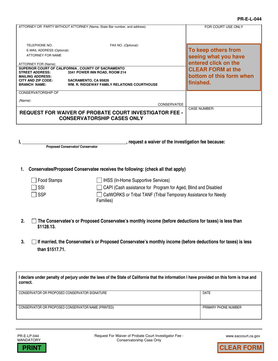 Form PR-E-LP-044 Request for Waiver of Probate Court Investigator Fee - Conservatorship Cases Only - County of Sacramento, California, Page 1
