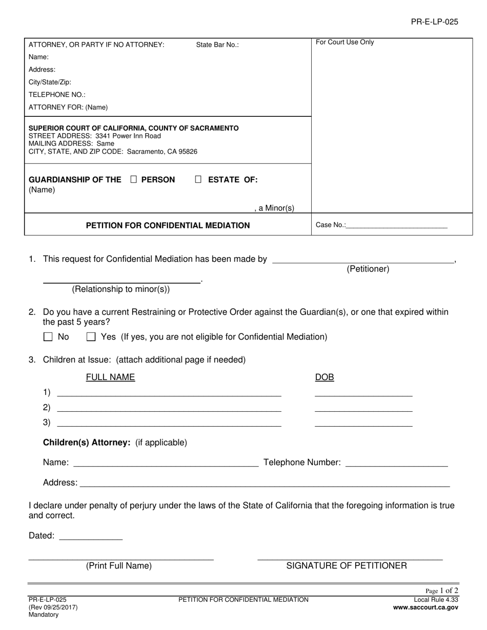 Form PR-E-LP-025 Petition for Confidential Mediation - County of Sacramento, California, Page 1