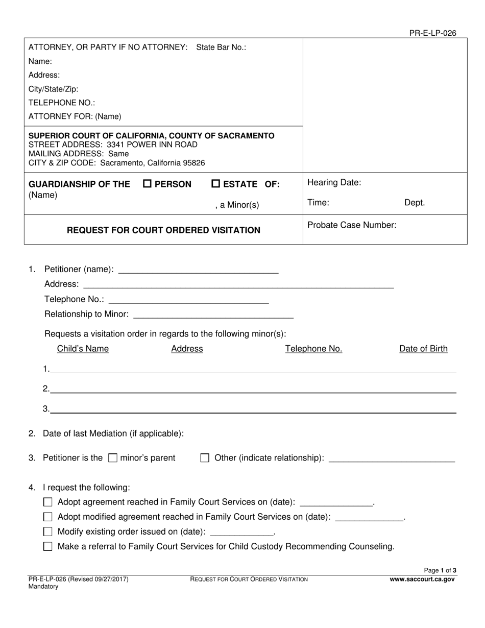 Form PR-E-LP-026 Request for Court Ordered Visitation - County of Sacramento, California, Page 1