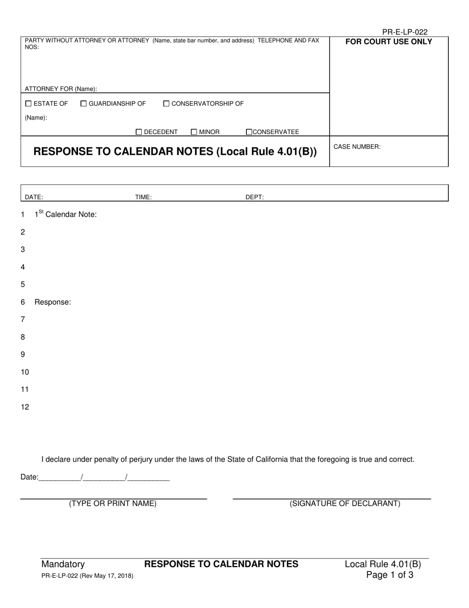 Form PR-E-LP-022 Response to Calendar Notes - County of Sacramento, California, Page 1