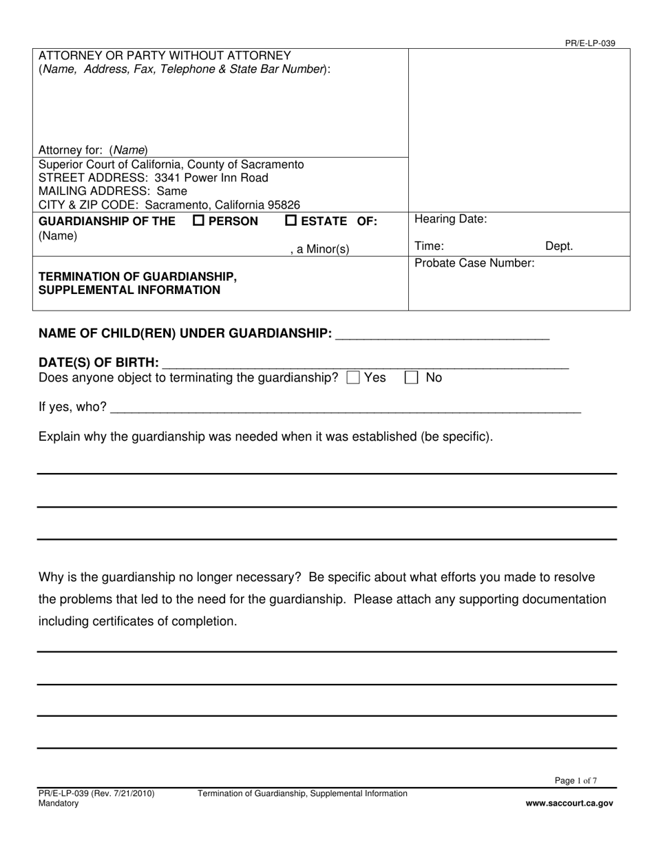 Form PR-E-LP-039 Termination of Guardianship, Supplemental Information - County of Sacramento, California, Page 1