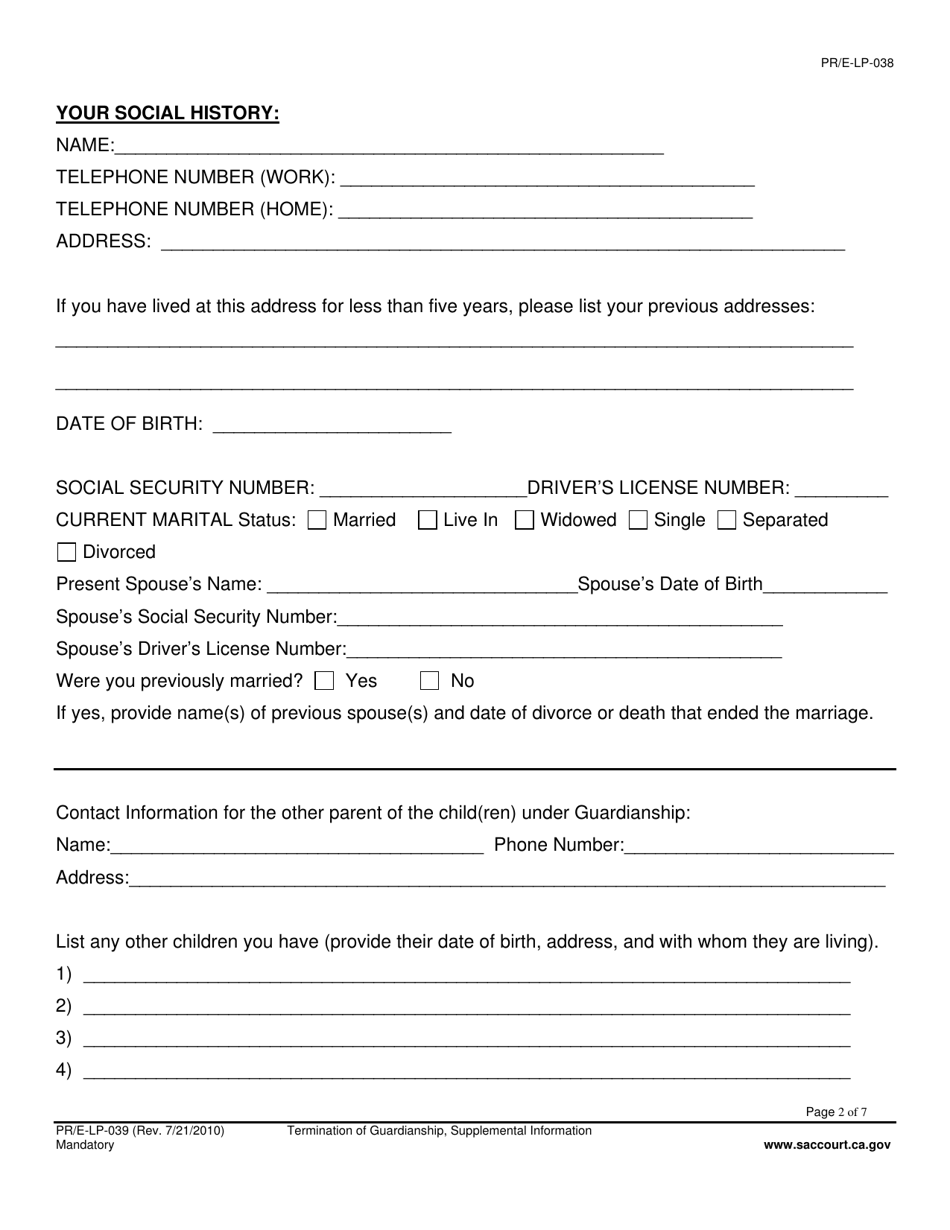 Form PR-E-LP-039 Termination of Guardianship, Supplemental Information - County of Sacramento, California, Page 2
