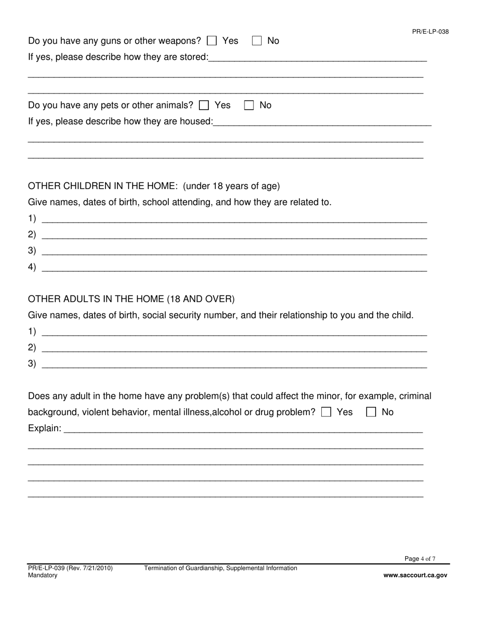 Form PR-E-LP-039 Termination of Guardianship, Supplemental Information - County of Sacramento, California, Page 4