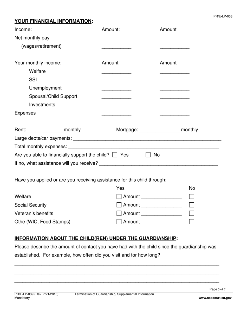 Form PR-E-LP-039 Termination of Guardianship, Supplemental Information - County of Sacramento, California, Page 5