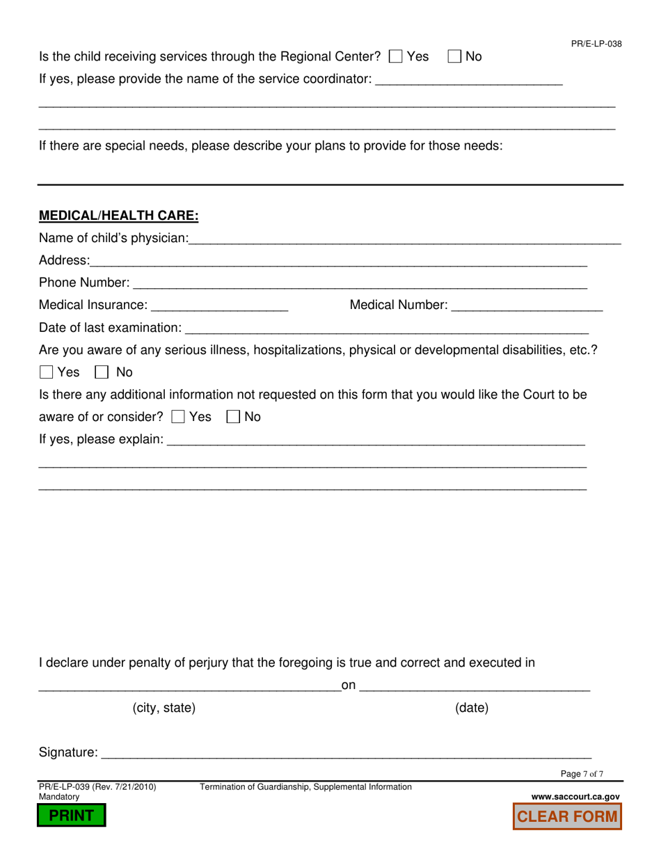 Form PR-E-LP-039 Termination of Guardianship, Supplemental Information - County of Sacramento, California, Page 7