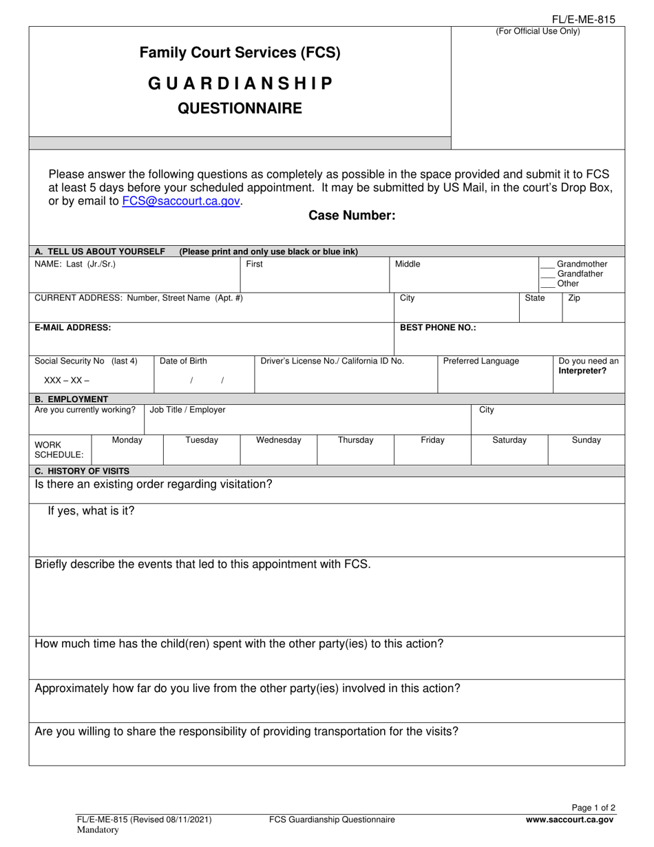Form FL / E-ME-815 Guardianship Questionnaire - County of Sacramento, California, Page 1