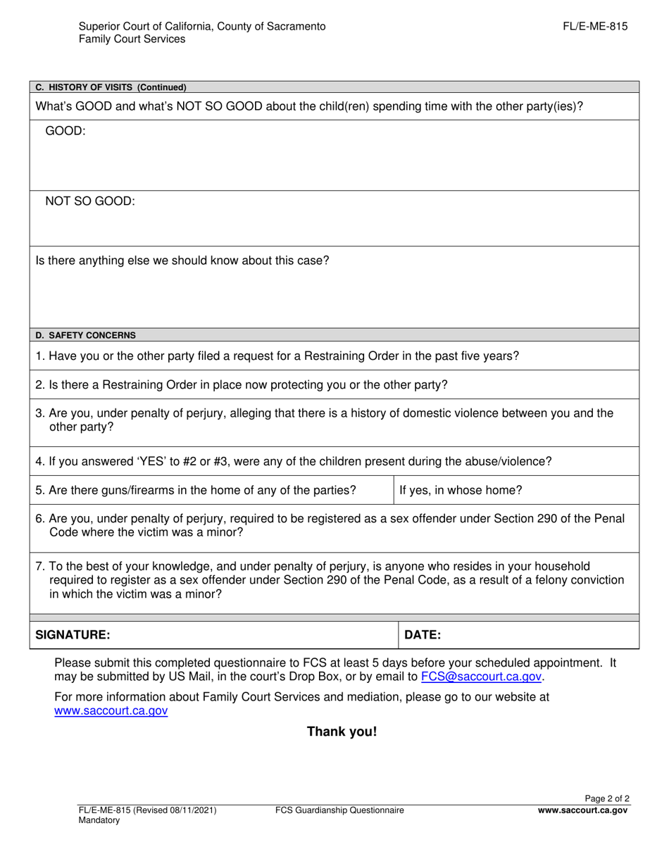 Form FL / E-ME-815 Guardianship Questionnaire - County of Sacramento, California, Page 2