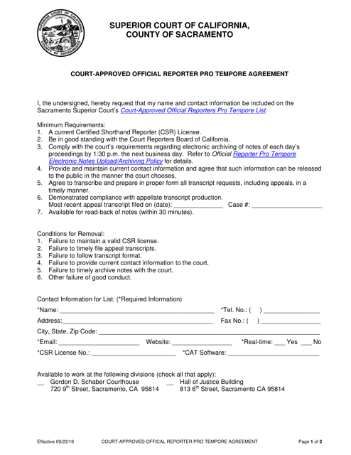 Court-Approved Official Reporter Pro Tempore Agreement - County of Sacramento, California Download Pdf