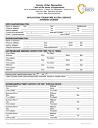 Document preview: Application for Private Patrol Service Business License - County of San Bernardino, California