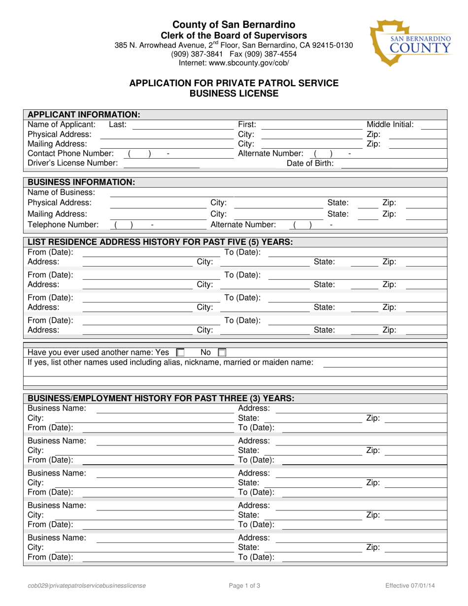 Application for Private Patrol Service Business License - County of San Bernardino, California, Page 1