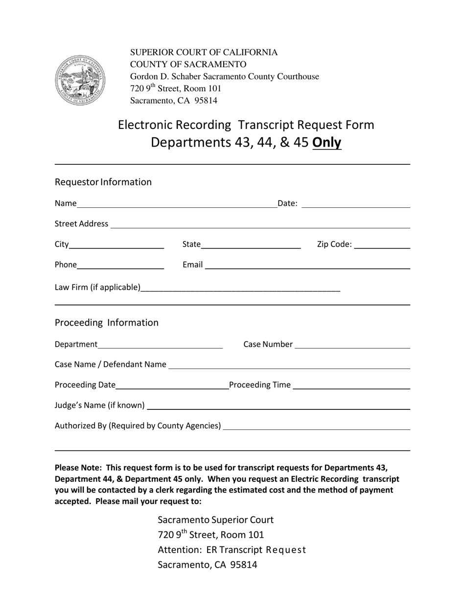Electronic Recording Transcript Request Form - Departments 43, 44, and 45 Only - County of Sacramento, California, Page 1