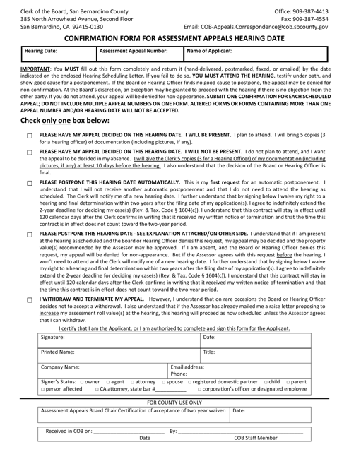 Confirmation Form for Assessment Appeals Hearing Date - County of San Bernardino, California Download Pdf
